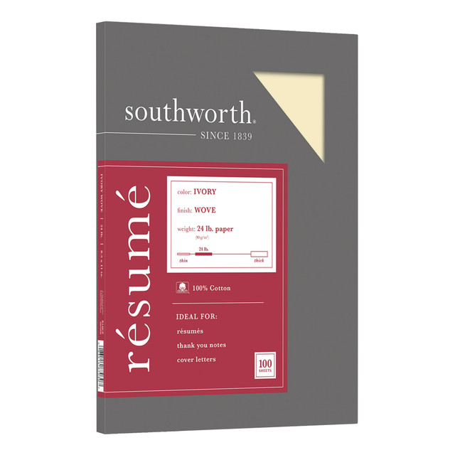 Life Is Noteworthy. Create a resume that is noteworthy and will stand out from the crowd with this Southworth Resume Paper!Make a good first impression with this 100 percent Cotton Resume paper. Each sheet is lignin-free and acid-free to resist yellowing, and can be used in copiers as well as inkjet and laser printers for convenience. This Southworth Resume Paper comes 100 sheets per box to ensure theres enough on hand.  Resume paper is ideal for resumes, cover letters, and thank-you notes  Paper size: 8.5inW x 11inL  Printer compatibility: laser, inkjet, copier  Acid- and lignin-free  Certified by the Forest Stewardship Council (FSC)  Each pack contains 100 sheets  Ivory Resume Paper  Paper weight: 24 lbs.  Forest Stewardship Council (FSC) certified - made from wood/paper that comes from forests managed to rigorous environmental and social standards, supported by the worlds leading conservation organizations.  Leadership forestry - from forests or sourcing programs that meet specific environmental standards, helping you support practices that better protect forests and the environment.  Contains Recycled Content - See Specs for Details.
