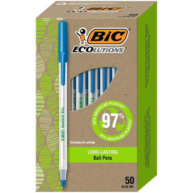 Help write our planet's future with the long-lasting BIC Ecolutions Round Stic Ballpoint Pens. With a medium 1.0 mm ballpoint, it's the perfect BIC pen for everyday writing. A classic, slender, semi-clear barrel acts as a handy window when checking pen ink levels. These ballpoint ink pens are suitable for righties and lefties, as the ink dries quickly to prevent smearing. Use the convenient clip to hook the ink pen onto your pocket or notebook. Looking for larger quantities of office or school supplies?  Long-lasting ink with 1.0 mm medium point for all types of writing.  A smooth-flow ink system and semi-clear barrel available in black, blue and red.  Ecolutions pens with blue ink for bold writing.  These round stic ball pens with blue ink allow easy writing.  Contains Recycled Content - See Specs for Details.