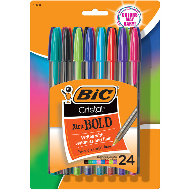 BIC CORP MSBAPP241-AST BIC Cristal Xtra Bold Ballpoint Pens, Bold Point, 1.6 mm, Translucent Barrel, Assorted Ink Colors, Pack Of 24 Pens