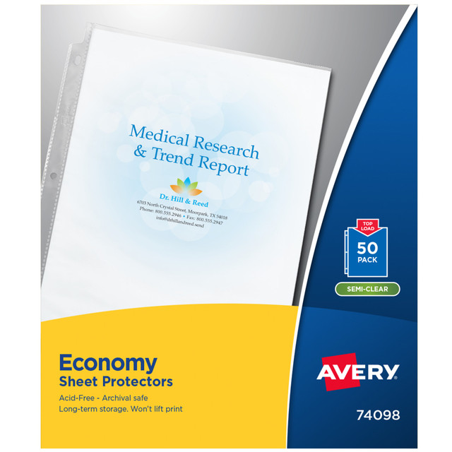 AVERY PRODUCTS CORPORATION 74098 Avery Economy Sheet Protectors, Top Load, 8-1/2in x 11in, Semi-Clear, 50 Document Protectors AVERY PRODUCTS CORPORATION 74098 Avery Economy Sheet Protectors, Top Load, 8-1/2in x 11in, Semi-Clear, 50 Document Protectors