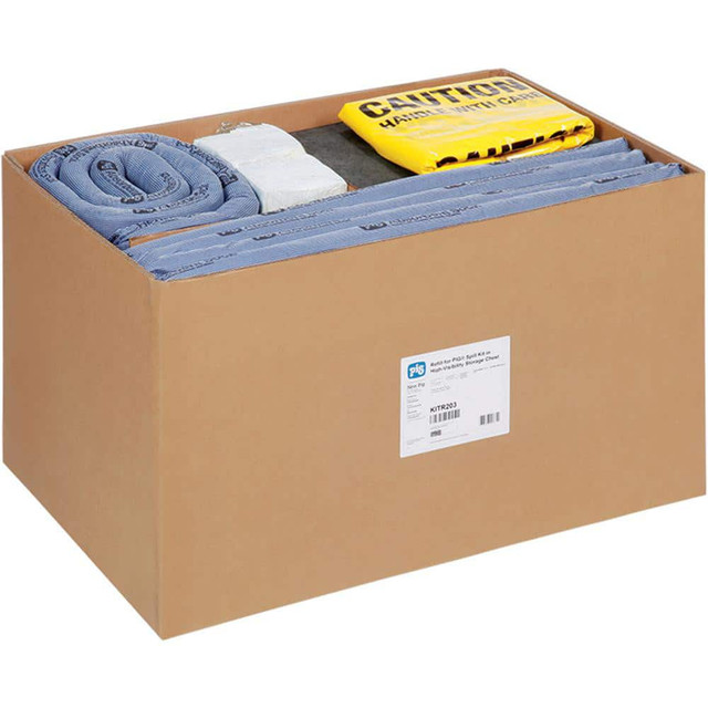 New Pig KITR203 Spill Kits; Kit Type: Universal Spill Kit; Container Type: Box; Absorption Capacity: 76 gal; Capacity per Kit (Gal.): 76 gal; Includes: 1 - Instructions; 31 - Ext. Dia. 3" X 48" L Pig Blue Absorbent Sock; 15 - 36" W X 60" H Polyethyle