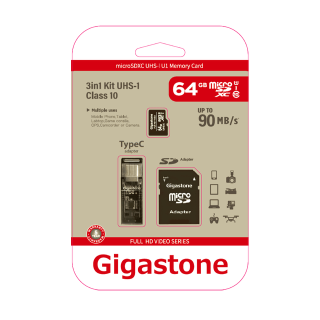 DANE-ELEC CORP Gigastone GS-4IN1600X64GB-R Dane-Elec Gigastone Full HD Class10 U1 Video MicroSDXC Card, 64GB