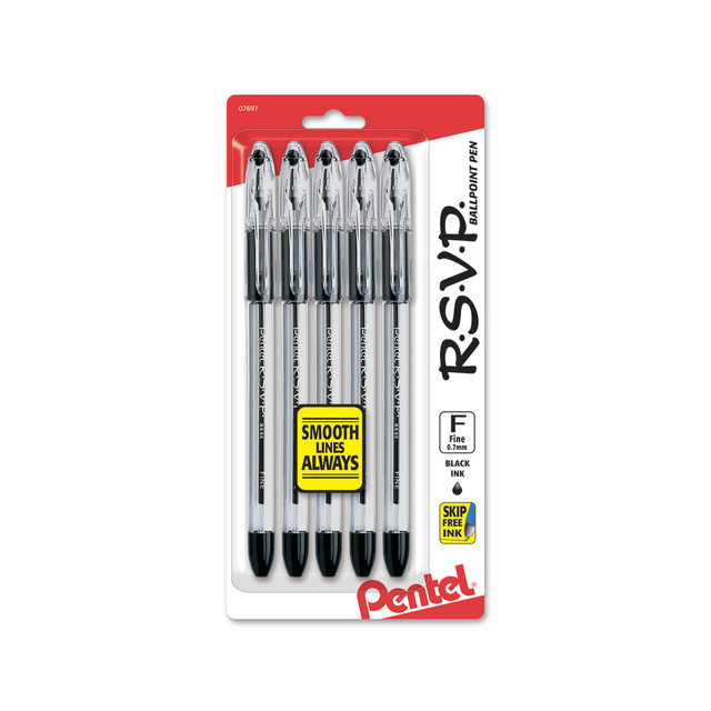 PENTEL OF AMERICA, LTD. BK90BP5A-D2 Pentel R.S.V.P. Ballpoint Pens, Fine Point, 0.7 mm, Clear Barrel, Black Ink, Pack Of 5