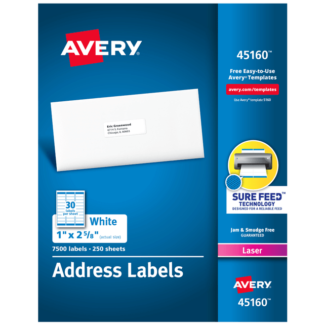 This pack of printable address labels makes staying on top of all your bulk mailing, shipping, identification and organization jobs simple. Avery bright white labels blend better than basic labels on white envelopes. Avery labels provide greater adhesion than basic labels with Ultrahold permanent adhesive that sticks and stays, guaranteed.  Ultrahold permanent adhesive is guaranteed to stick and stay on envelopes, cardboard, paper, glass or metal.  No more wasted labels: Only Avery address labels feature Sure Feed technology to deliver a more reliable feed through your printer and prevent misalignments and jams.  Easy Peel design enables faster peeling and application.  Compatible with laser printers and optimized to produce text and graphics that are clear crisp and smudge-free.  Easily customize these printable labels with thousands of free designs at avery.com/templates.  Forest Stewardship Council (FSC) certified - made from wood/paper that comes from forests managed to rigorous environmental and social standards, supported by the worlds leading conservation organizations.  Leadership forestry - from forests or sourcing programs that meet specific environmental standards, helping you support practices that better protect forests and the environment.