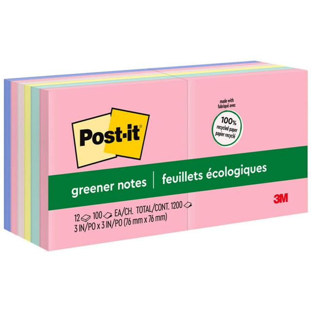 Post-it Greener Notes are the greener version of the original Post it Notes you know and love. Use the 3 in. x 3 in. size for notes or reminders to yourself or others. Unique adhesive designed for use on paper or in planners. Full of pastel perfection, the Sweet Sprinkles collection brings a sweetness to your desk.  3 in x 3 in, Sweet Sprinkles Collection  Made with water-based adhesive and 100% recycled paper.  Post-it Greener Notes are recyclable.  The paper in Post-it Notes is sourced from certified, renewable and responsibly managed forests  Use for lists or reminders to yourself or others.  12 Pads/Pack, 100 Sheets/Pad  Contains Recycled Content - See Specs for Details.