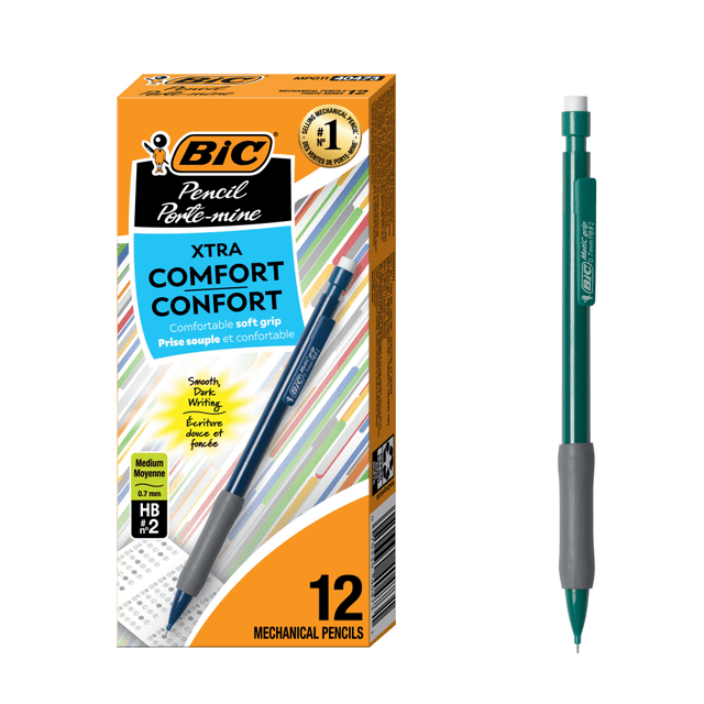 Sketch or take notes with these BIC Xtra Comfort mechanical pencils. A rubberized grip is easy to handle and comfortable, while the click-to-advance lead ensures smooth writing. With #2 leads, these pencils are compatible with test-taking and scanned forms, and the medium points deliver bold, smooth strokes. Built-in erasers on these BIC Xtra Comfort mechanical pencils make it easy to correct your mistakes.  Rubberized barrel grip is easy to handle.  #2 lead for taking tests and filling out forms.  Built-in erasers correct your mistakes.  Rubberized barrel grip makes BIC Mechanical Pencil easy to handle.  BIC Mechanical Pencil has #2 lead for taking tests and filling out forms.  Each 0.7 mm lead BIC Mechanical Pencil holds the equivalent of 2 1/2 standard woodcase pencils worth of lead.