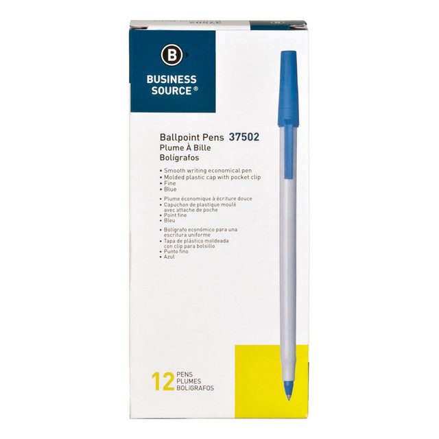 SP RICHARDS 37502 Business Source Ballpoint Stick Pens, Fine Point, Light Gray Barrel, Blue Ink, Pack Of 12 Pens SP RICHARDS 37502 Business Source Ballpoint Stick Pens, Fine Point, Light Gray Barrel, Blue Ink, Pack Of 12 Pens