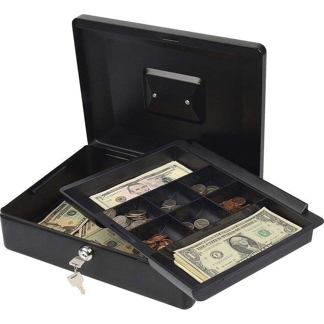 Bill/coin tray allows easy organization of valuables  Hinged lid provides easy access to each slot  Perfect for use in homes, schools, offices and more  Durable steel construction keeps bills and coins safe