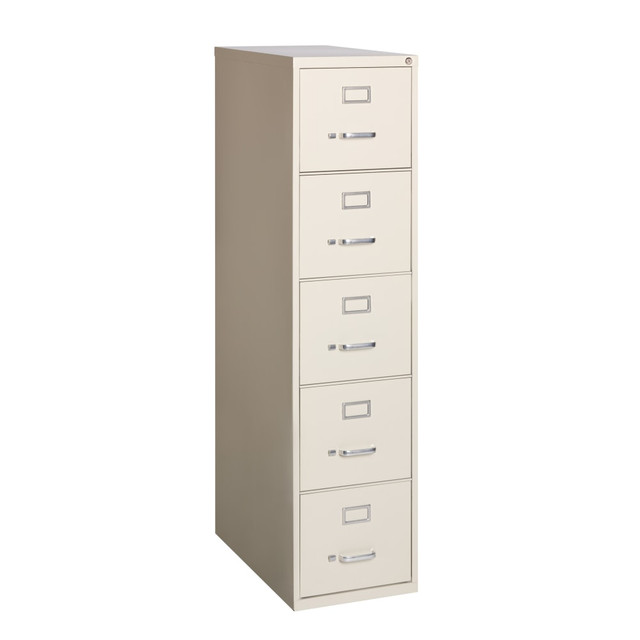 Organize your office space with this WorkPro vertical letter-size file cabinet. The letter-size drawers make it simple to file and categorize your documents, and the sleek finish fits easily into a range of spaces. A metal construction offers dependable lasting use. With a built-in lock, this WorkPro vertical letter-size file cabinet helps store and protect your important information.  A steel construction supplies a sturdy spot to store files.  Drawers provide plenty of space for letter-sized documents.  The locking design helps you safeguard sensitive info.  File cabinet measures 52inH x 15inW x 26-1/2inD.  WorkPro 5-drawer vertical file cabinet holds letter-size files.  26.5inD 5-drawer letter-size file cabinet with a core-removable lock.  Putty letter-size vertical file cabinet.  GREENGUARD Gold certified  - certified for low chemical emissions: UL.COM/GG - UL 2818. Ranked in two tiers: Certified and Gold.  Tested to meet ANSI/BIFMA Performance Standards - Manufacturer testing has been conducted on this product to meet specific performance requirements and safety standards set forth by the American National Standards Institute (ANSI) and the Business and Institutional Furniture Manufacturers.  This product is heavy and/or oversized and may need more than one person to handle.  Less harsh chemicals - made with fewer harsh chemicals, or safer chemicals than typical alternatives, helping  reduce your use of and exposure to substances that may be more harmful to your health and the environment.  Contains Recycled Content - See Specs for Details.
