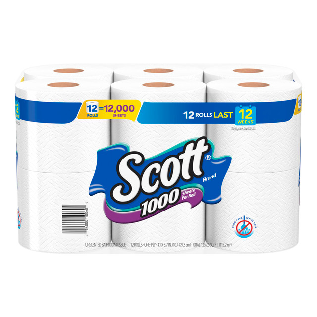 KIMBERLY-CLARK 10060 Scott 1000 Toilet Paper, 1000 Sheets Per Roll, Pack Of 12 Rolls