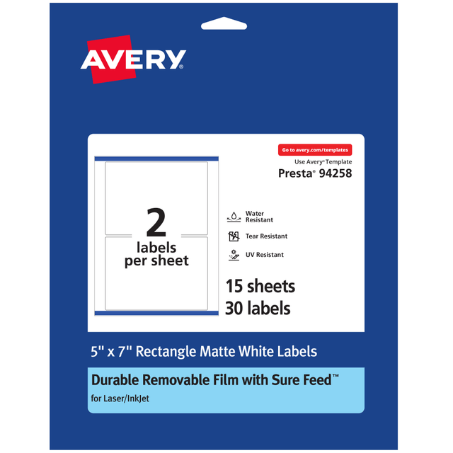 AVERY PRODUCTS CORPORATION 94258-DRF15 Avery Durable Removable Labels With Sure Feed, 94258-DRF15, Rectangle, 5in x 7in, White, Pack Of 30 AVERY PRODUCTS CORPORATION 94258-DRF15 Avery Durable Removable Labels With Sure Feed, 94258-DRF15, Rectangle, 5in x 7in, White, Pack Of 30