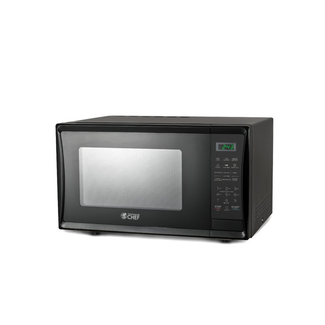 Grab a quick bite to eat with the Commercial Chef 1.1 Cu. Ft. 1000W Countertop Microwave Oven. With 6 pre-set menus to choose from, this microwave oven makes it easy to cook your favorite food, while the 10 power levels help heat food efficiently.  Durable metal construction.  Touch controls with digital LED display offer ease-of-use.  Boasts 10 power levels to efficiently heat your food.  Offers 1 to 6 minute express cook function.  Includes 6 pre-set menus: popcorn, potato, pizza, frozen vegetables, beverage and dinner plate.  Programmable multi-stage cooking.  Digital clock and timer.  Child safety lock for safe usage.  Push-button door.  Large 12-7/16in turntable radius.  Backed by the manufacturers 1-year limited warranty.