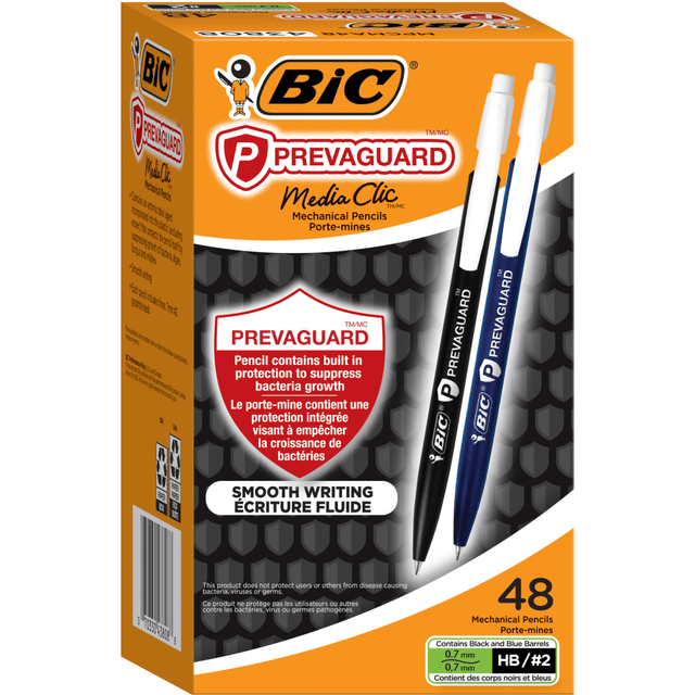 BIC CORP MPCMA48-BLK BIC Prevaguard Mechanical Pencil with antimicrobial additive, 0.7 mm, #2, Black and Blue Barrels, Pack Of 48 Pencils