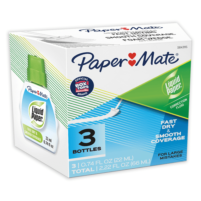 NEWELL BRANDS INC. 56431 Paper Mate Liquid Paper Correction Fluid, Fast Dry & Smooth Coverage, White, Pack Of 3
