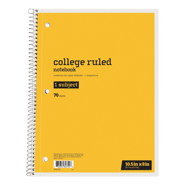 OFFICE DEPOT 43275-12 Just Basics Spiral Notebook, 8in x 10-1/2in, College Ruled, 70 Sheets, Yellow
