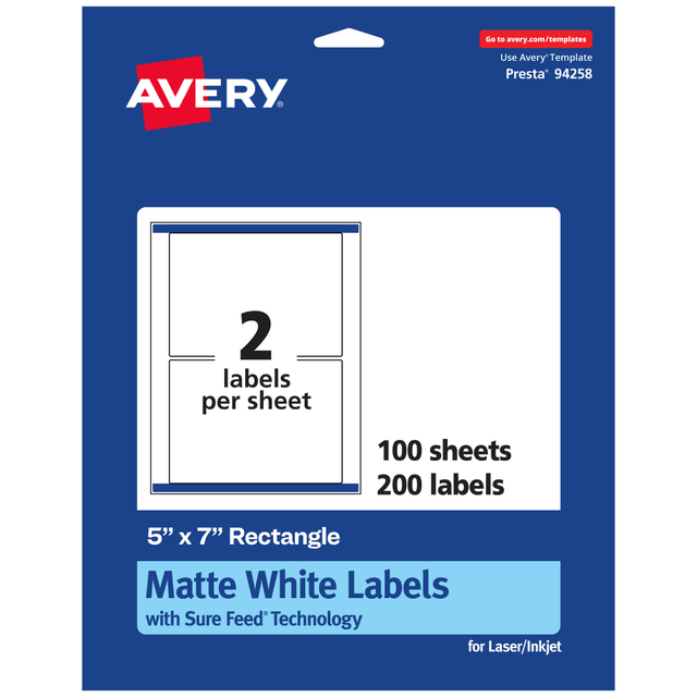 AVERY PRODUCTS CORPORATION 94258-WMP100 Avery Permanent Labels With Sure Feed, 94258-WMP100, Rectangle, 5in x 7in, White, Pack Of 200 AVERY PRODUCTS CORPORATION 94258-WMP100 Avery Permanent Labels With Sure Feed, 94258-WMP100, Rectangle, 5in x 7in, White, Pack Of 200