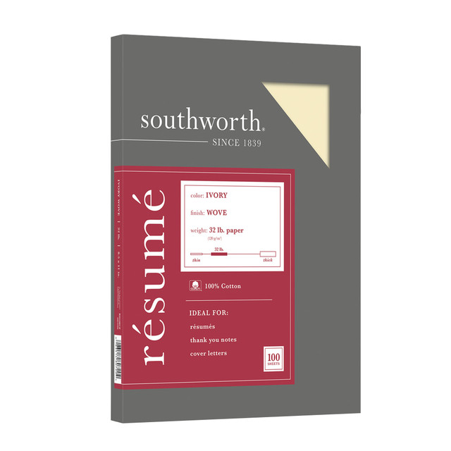 NEENAH PAPER INC RD18ICF/3/12 Southworth 100% Cotton Resume Paper, 8 1/2in x 11in, 32 Lb, 100% Recycled, Ivory, Pack Of 100