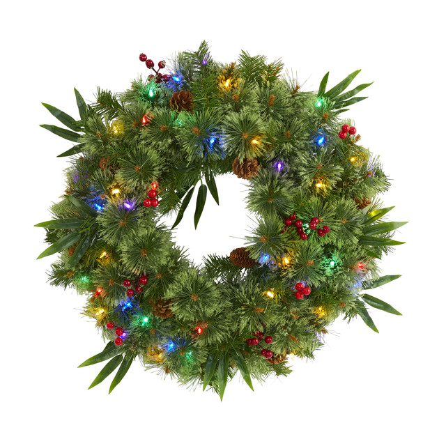 NEARLY NATURAL INC. 4454 Nearly Natural 24inH Mixed Pine Artificial Christmas Wreath With 50 Multicolor LED Lights, Berries And Pine Cones, 24in x 5in, Green