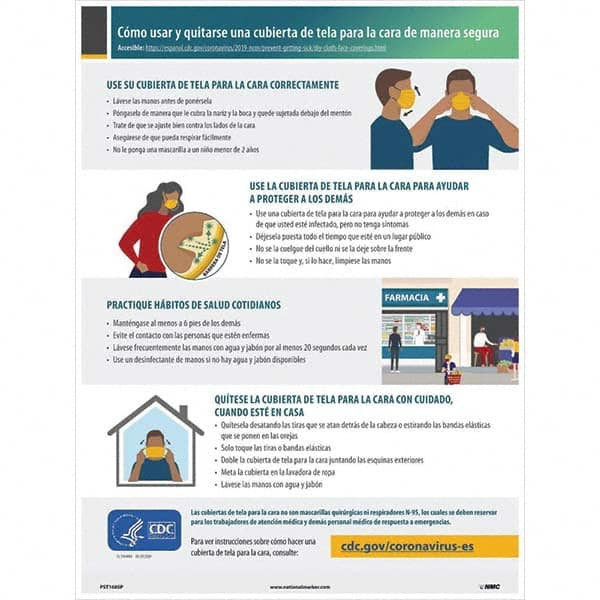 AccuformNMC Warning & Safety Reminder Sign: Rectangle, "Csmo usar y quitarse una cubierta facial de tela de manera segura" PST168SP