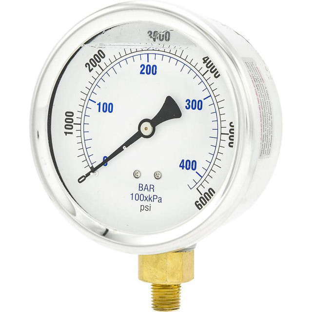 PIC Gauges 201L-404S Pressure Gauge: 4" Dial Dia, 0 to 6,000 psi, 1/4" MNPT, Lower Mount