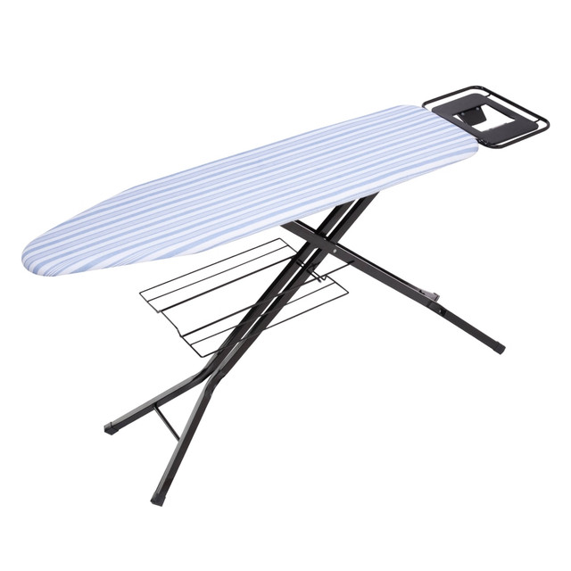 HONEY-CAN-DO INTERNATIONAL, LLC BRD-01957 Honey-Can-Do Quad-Leg Ironing Board With Iron Rest And Sweater Shelf, 39inH x 15inW x 15inD, Black/Blue