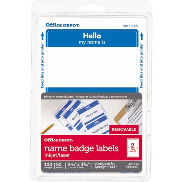 OFFICE DEPOT OD98838 Brand Hello Name Badge Labels, 2 11/32in x 3 3/8in, Blue Border, Pack Of 100 OFFICE DEPOT OD98838 Brand Hello Name Badge Labels, 2 11/32in x 3 3/8in, Blue Border, Pack Of 100