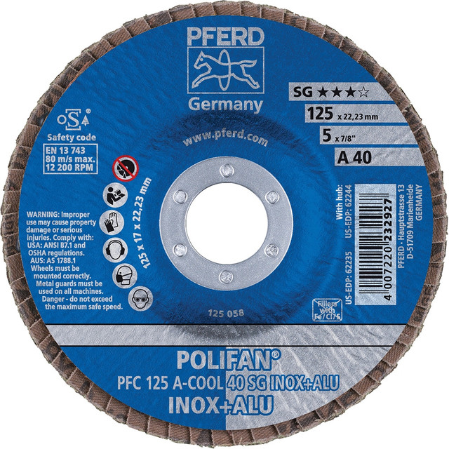 PFERD 62235 Flap Disc: 7/8" Hole, 40 Grit, Aluminum Oxide, Type 29