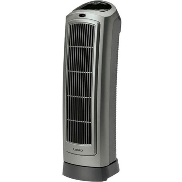Warm up on a winters day with this Lasko electric tower heater. Bringing a touch of coziness to your living room, bedroom or office, this oscillating space heater quickly and evenly heats a room with ease.  Easy to use convection heater with electric touch control.  With 2 heat settings for adaptable warmth, plus an auto-thermostat mode for ease.  Up to 1500 W of heating power.  Oscillating tower design keeps you toasty all over in the office or at home.  Safety features including overheat protection and cool-touch housing.  Built-in carry handle makes moving easy.  Gray color, looks smart in any setting.  Measures 23in x 7.25in x 8.5in.