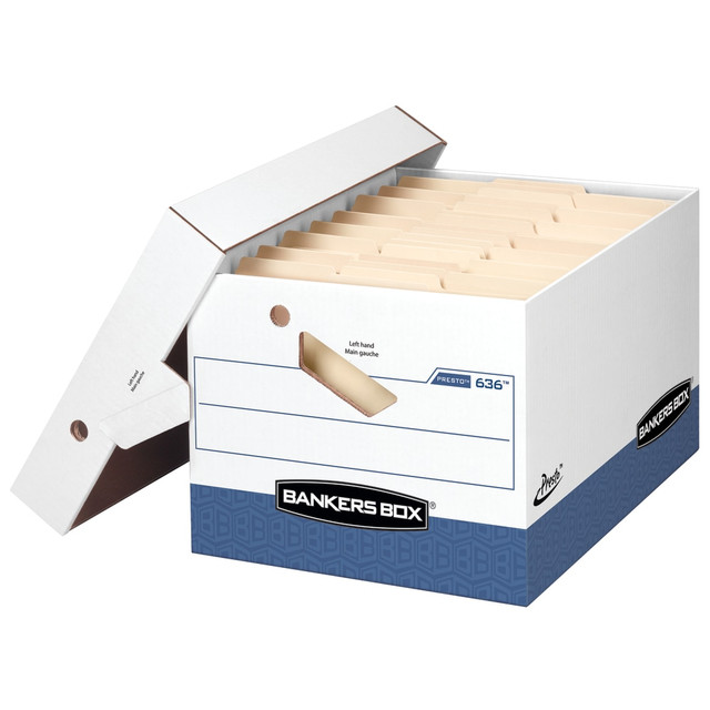 FELLOWES INC. 0063610 Bankers Box Presto Heavy-Duty Storage Boxes With Locking Lift-Off Lids And Built-In Handles, Letter/Legal Size, 15in x 12in x 10in, 60% Recycled, White/Blue, Case Of 2 FELLOWES INC. 0063610 Bankers Box Presto Heavy-Duty Storage Boxes With Locking Lift-Off Lids And Built-In Handles, Letter/Legal Size, 15in x 12in x 10in, 60% Recycled, White/Blue, Case Of 2