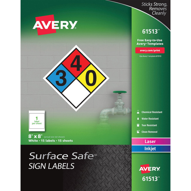 AVERY PRODUCTS CORPORATION AVE61513 Avery Surface Safe Sign Labels, 8in x 8in, Square, Pack Of 15