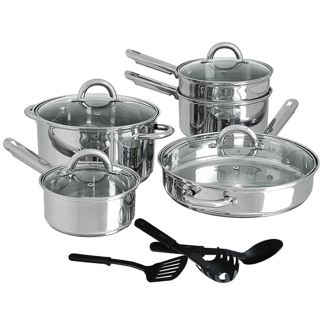 GIBSON OVERSEAS INC. 99586655M Gibson Home Cuisine Select Abruzzo 12-Piece Stainless Steel Cookware Set, Silver