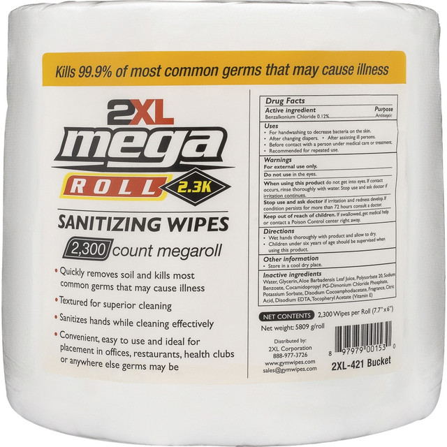 2XL CORP. TXL422 2XL Mega Roll Sanitizing Wipes, 6in x 7-3/4in, Unscented, White, Roll Of 2,300 Wipes