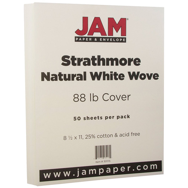 Prepare for your next presentation with these sturdy sheets of JAM Paper cover card stock. The acid-free paper is designed with a smooth finish and can be printed, copied, scanned and faxed.  JAM cover card stock features a smooth paper finish thats easy to write, draw and print on.  Acid-free paper guards against yellowing and fading.  Can be used with your printer, copier, scanner or fax machine.  88-lb paper can be used for a variety of creative and professional projects.  Strathmore natural white wove sheets come in a pack of 50 to help keep your desk fully stocked.
