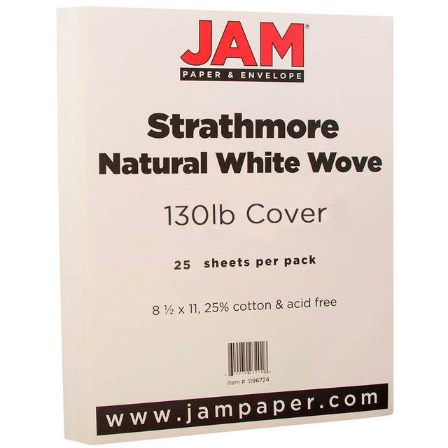 Prepare for your next presentation with these sturdy sheets of JAM Paper cover card stock. The acid-free paper is designed with a smooth finish and can be printed, copied, scanned and faxed.  JAM cover card stock features a smooth paper finish thats easy to write, draw and print on.  Acid-free paper guards against yellowing and fading.  Can be used with your printer, copier, scanner or fax machine.  130-lb Strathmore natural white laid sheets come in a pack of 25 to help keep your desk fully stocked.