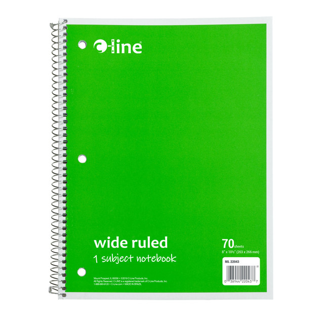 C-LINE PRODUCTS, INC. 22043-CT C-Line Wide Rule Spiral Notebooks, 8in x 10-1/2in, 1 Subject, 70 Sheets, Green, Case Of 24 Notebooks