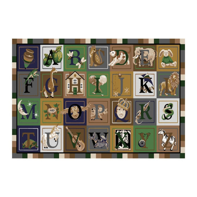 ABC Blocks 10ft9inx13ft2in  Made 100% in the USA  Green Label Plus Certified and meet or exceed California Indoor air quality standards for low emitting products used in schools  STAINLESS for permanent soil resistance and stain proctection  100% Type 6.6 Continuous Filament Nylon  FORCE 5, a permanent anti-microbial agent to guard against odor, mildew, and mold  Bound and double stithed serge with nylon edge yarn for maximum strength and durability  Useful Life Wear Warranty  Made of 100% nylon for durability.  Infused with Nexatron dye for bright, lasting color.  Advanced technology provides over 350 dpi quality.  Densitech offers high fiber density.  Force 5 permanent antimicrobial agent resists odors.  Meets or exceeds Class One Fire Safety ratings.  ABC Blocks OMG print offers a fun learning experience.  Antimicrobial is an agent that kills microorganisms or stops their growth.