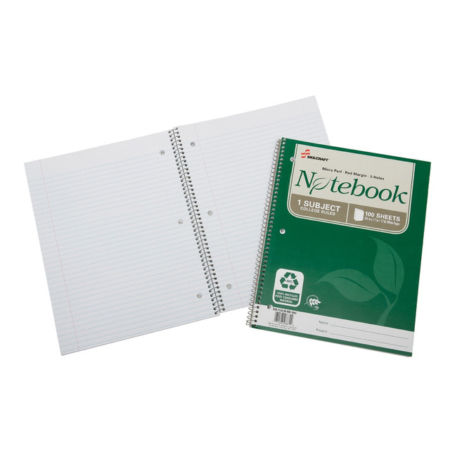 NATIONAL INDUSTRIES FOR THE BLIND 7530-01-600-2025 SKILCRAFT Spiral Notebook, 8-1/2in x 11in, 1 Subject, College Rule, 100 Sheets, 100% Recycled, Green, Pack of 3