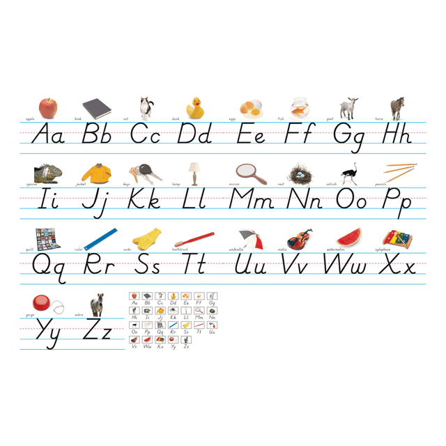 Use these alphabet lines to teach the alphabet and proper letter formation.  Each alphabet line measures over 14ft (4.3 m) long when assembled.  Seven 24 1/4in x 7 5/8in (61.6 x 19.4 cm) strips per package.  Ideal for pre-k to grade 8 classrooms.  Students can learn about the alphabet and how to properly write modern-style manuscript letters.
