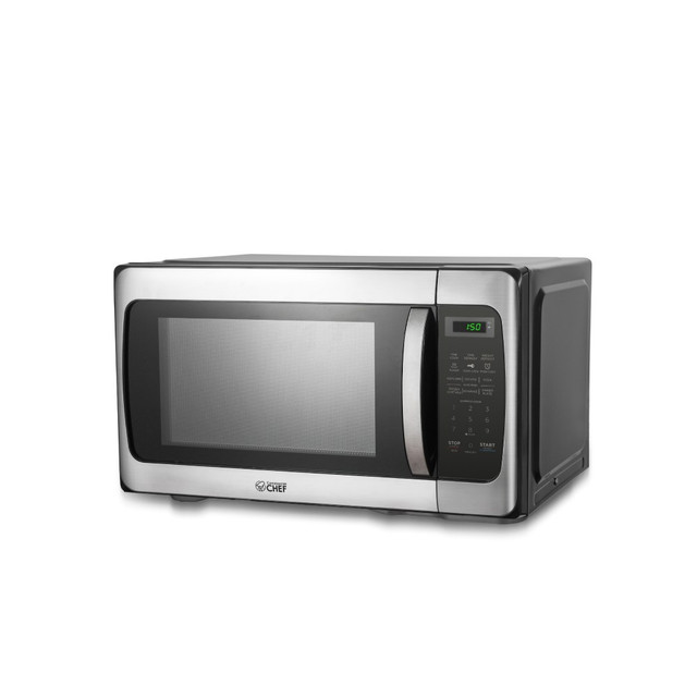 Grab a quick bite to eat with the Commercial Chef 1.1 Cu. Ft. 1000W Countertop Microwave Oven. With 6 pre-set menus to choose from, this microwave oven makes it easy to cook your favorite food, while the 10 power levels help heat food efficiently.  Durable metal construction.  Touch controls with digital LED display offer ease-of-use.  Boasts 10 power levels to efficiently heat your food.  Offers 1 to 6 minute express cook function.  Includes 6 pre-set menus: popcorn, potato, pizza, frozen vegetables, beverage and dinner plate.  Programmable multi-stage cooking.  Digital clock and timer.  Child safety lock for safe usage.  Push-button door.  Large 12-7/16in turntable radius.  Backed by the manufacturers 1-year limited warranty.