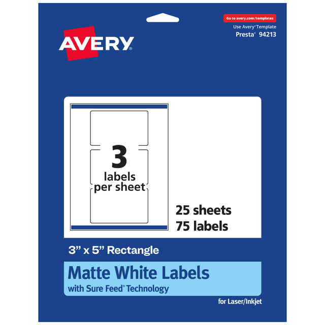 AVERY PRODUCTS CORPORATION 94213-WMP25 Avery Permanent Labels With Sure Feed, 94213-WMP25, Rectangle, 3in x 5in, White, Pack Of 75 AVERY PRODUCTS CORPORATION 94213-WMP25 Avery Permanent Labels With Sure Feed, 94213-WMP25, Rectangle, 3in x 5in, White, Pack Of 75