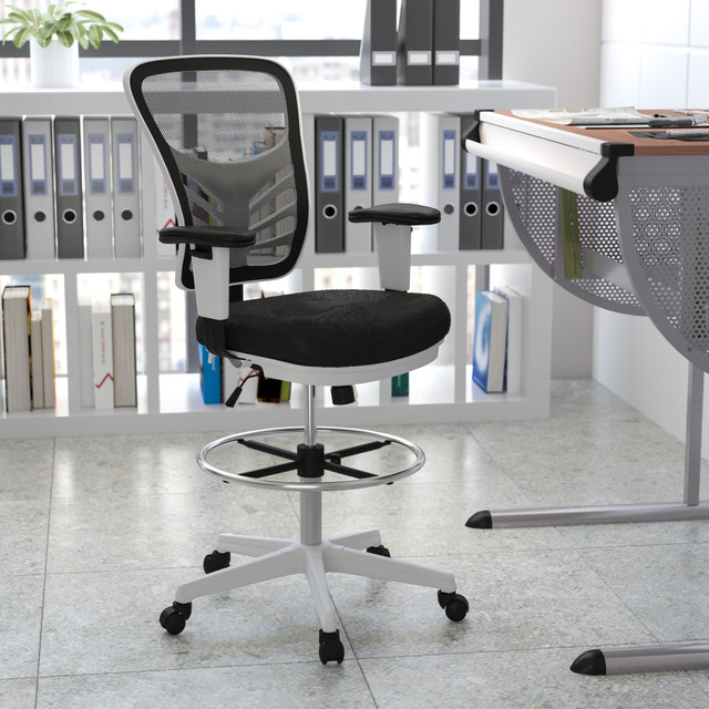 FLASH FURNITURE HL00011CWHITE Mid-Back Mesh Ergonomic Drafting Chair with Adjustable Chrome Foot Ring, Adjustable Arms, Black/White FLASH FURNITURE HL00011CWHITE Mid-Back Mesh Ergonomic Drafting Chair with Adjustable Chrome Foot Ring, Adjustable Arms, Black/White