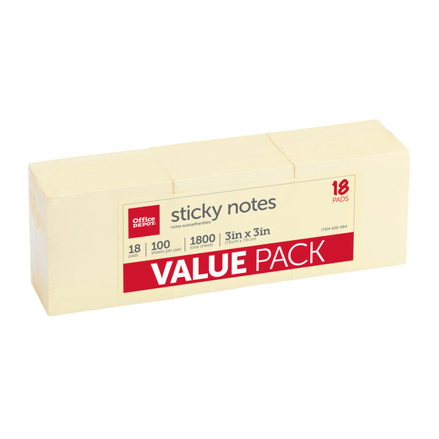 OFFICE DEPOT 21007-18PK Brand Sticky Notes Value Pack, 3in x 3in, Yellow, 100 Sheets Per Pad, Pack Of 18 Pads OFFICE DEPOT 21007-18PK Brand Sticky Notes Value Pack, 3in x 3in, Yellow, 100 Sheets Per Pad, Pack Of 18 Pads