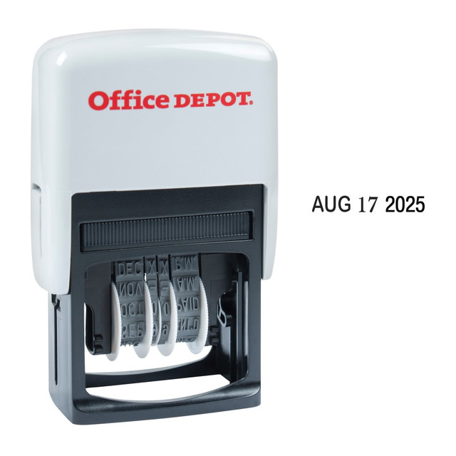 Make marking the documents that cross your desk every day quick and easy with the Office Depot Self-Inking Dater. This Office Depot stamp dater delivers crisp, clear impressions and includes an extra ink pad.  Made with durable plastic.  Built-in ink pad provides thousands of clean, crisp impressions.  Imprints the adjustable Month, Day and Year.  No messy stamp pad is required.  1in x 3/16in impression size.