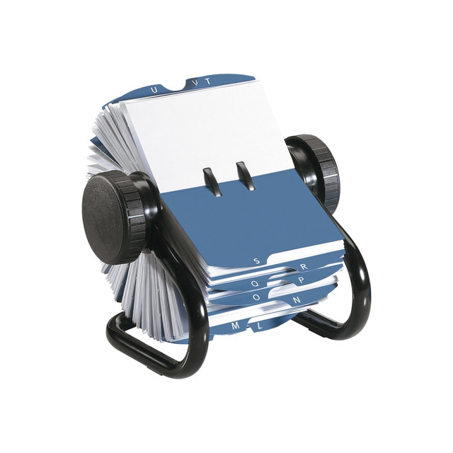 This rotary card file includes 200 blank 2 5/8" x 4" cards with transparent card sleeves and 24 blue A-Z index tab dividers.