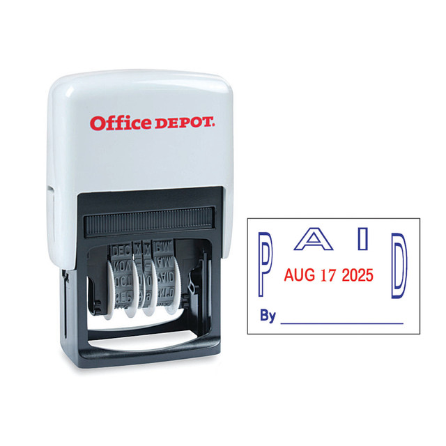 OFFICE DEPOT 098329 Brand Date Paid Dater Stamp Self-Inking with Extra Pad Date Paid Dater Stamp, 1in x 1-3/4in Impression, Red and Blue Ink OFFICE DEPOT 098329 Brand Date Paid Dater Stamp Self-Inking with Extra Pad Date Paid Dater Stamp, 1in x 1-3/4in Impression, Red and Blue Ink
