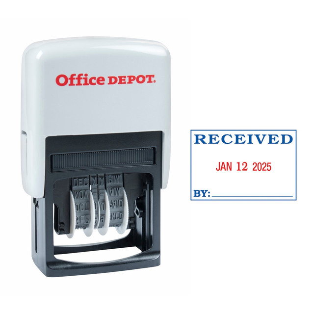 Make marking the documents that cross your desk every day quick and easy with the Office Depot Self-Inking Dater. This Office Depot stamp dater delivers crisp, clear impressions and includes an extra ink pad.  Made with durable plastic.  Built-in ink pad provides thousands of clean, crisp impressions.  Date/Phrase stamp prints RECEIVED/BY in black ink along with adjustable month, day and year in red ink.  Re-Ink with Office Depot self-inking refill ink.  Red-and-black-ink stamp dater makes 1in x 1-3/4in impressions.  Includes a stamp dater (self inking) with extra pad.