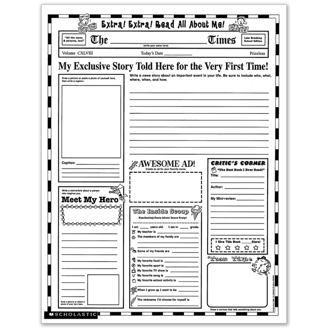Help students break the ice at the beginning of a new year with Scholastic Extra, Extra, Read All About Me Instant Personal Poster Sets. Students can write about their favorite summer memories, compose mini articles about their heroes, list their favorite things and more. These posters are great for helping students get acquainted and helping reluctant writers to build confidence in their skills.  Designed to help students make new friends, build self-esteem and become comfortable writing about themselves.  Students can tell all about themselves by filling in a list of their favorite things, talking about their heroes, drawing a self-portrait, talking about their summer and more.  Great for bulletin boards and wall displays.  Large read-and-write posters are easily visible from across the room.
