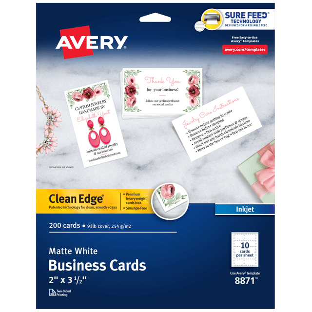 Make a lasting impression on important clients, associates and prospective customers with Avery Clean Edge Business Cards. These customizable business cards are made from quality cardstock with a weight of 93lbs / 254gsm, and offer an impressively substantial look and feel. If you need professional quality business cards, customer loyalty cards, appointment reminder cards or more, these 2in x 3.5in cards are an exceptional way to stand out from the crowd. These business cards have innovative Clean Edge technology for quick and easy separation, giving you the cleanest, smoothest edges of any business card on the market. Proprietary Avery Sure Feed technology helps deliver a more reliable feed through your inkjet printer in order to minimize print misalignments and paper jams. Whether you have your own design or you are creating one from scratch, take your brand or business to the next level with Avery Design & Print Online, which makes it easy to create and print double-sided customized cards from your own home or business. The free browser-based software has everything you need to design business thank you cards, personalized gift tags, reward cards, price tags and more.  Easily customize your own business cards, loyalty cards for business, RSVP cards and more using Avery Design & Print Online and the hundreds of available templates and designs.  Enjoy premium quality custom business cards featuring Clean Edge technology that allows cards to be snapped apart easily, leaving behind clean, smooth edges.  Each sheet of business card paper features proprietary Avery Sure Feed technology for a more reliable feed through your printer to help reduce misalignments and jams.  Print beautiful, double-sided designs on printable cardstock paper with a weight of 93 lbs / 254 gsm.  Perfect for DIY business cards, rewards cards, personalized gift tags, appointment cards and more.  Printable cardstock sheets are optimized for inkjet printers.  Item includes 20 printable sheets with a total of 200 blank 2in x 3.5in cards.  Forest Stewardship Council (FSC) certified - made from wood/paper that comes from forests managed to rigorous environmental and social standards, supported by the worlds leading conservation organizations.  Leadership forestry - from forests or sourcing programs that meet specific environmental standards, helping you support practices that better protect forests and the environment.