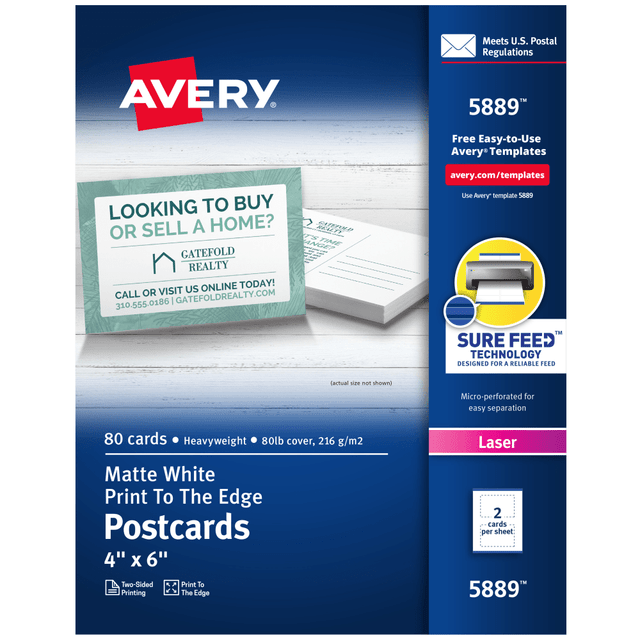 AVERY PRODUCTS CORPORATION Avery 5889  Printable Postcards With Sure Feed Technology, 4in x 6in, White, 80 Blank Postcards