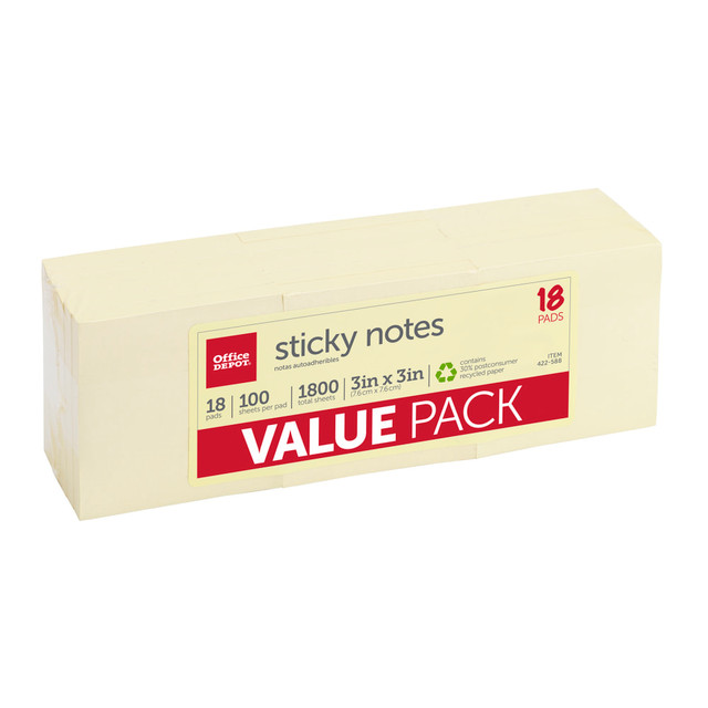 OFFICE DEPOT 21433  Brand Sticky Notes Value Pack, 30% Recycled, 3in x 3in, Yellow, 100 Sheets Per Pad, Pack Of 18 Pads